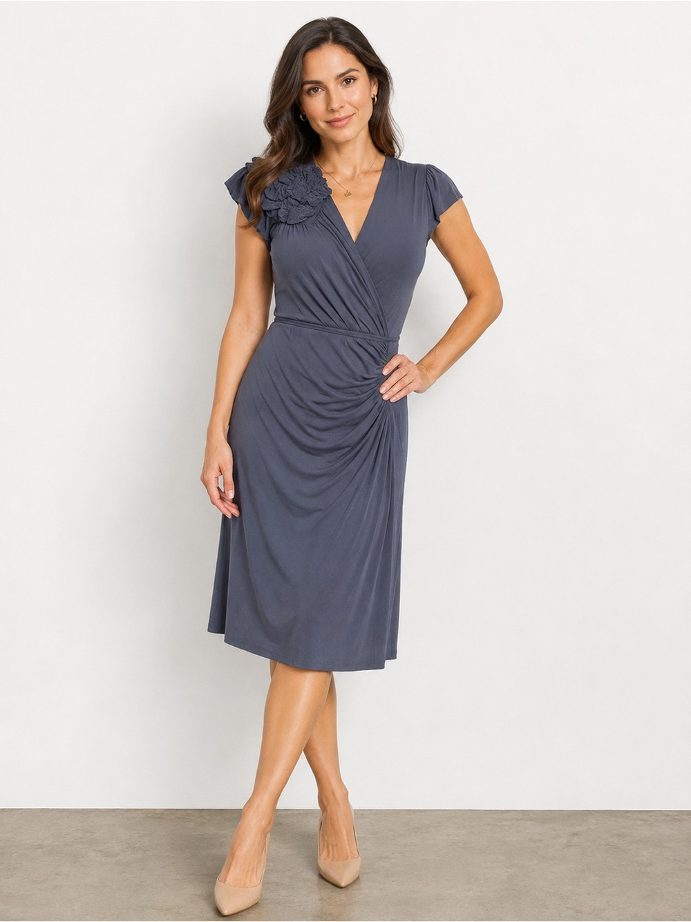 Bailey 44 Rosette Shoulder Ruched Wrap Midi Dress Grey L